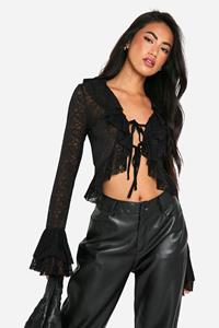 Boohoo Kanten Top Met Ruches En Wijde Mouwen, Black