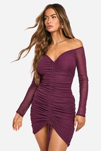 Boohoo Geplooide Mesh Mini Jurk Met Open Schouders, Plum