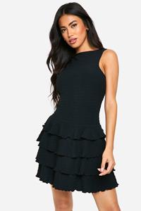 Boohoo Mini Jurk Met Textuur, Ruches, Zoom En Racer Hals, Black
