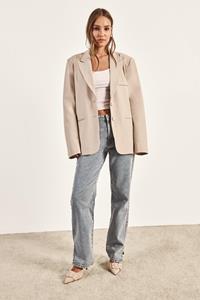 Boohoo Getailleerde Baggy Blazer Met Enkele Rij Knopen, Stone