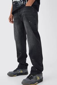 Boohoo Monochrome Geborduurde Jeans Met Rechte Pijpen, Verfspetters, Washed Black
