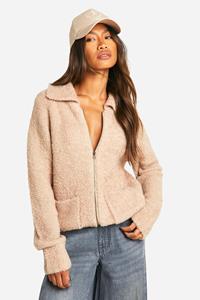 Boohoo Zachte Gebreide Bouclé Cardigan Met Rits En Kraag, Camel