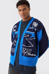 Oversized Boxy Moto Racing Knitted Cardigan, Cobalt