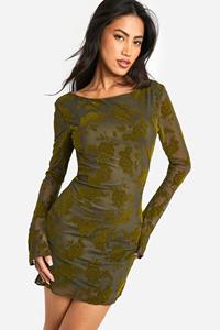 Boohoo Devore Mini Jurk Met Losse Rug, Col En Wijde Mouwen, Green