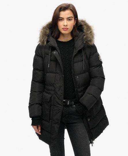 Superdry Vrouwen Everest Halflange Pufferjas van Imitatiebont Zwart