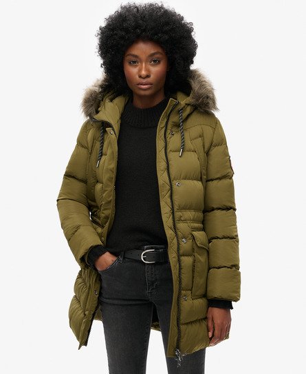 Superdry Vrouwen Everest Halflange Pufferjas van Imitatiebont Groen