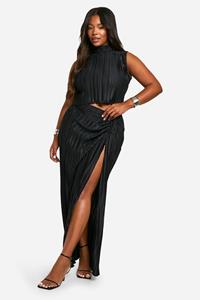 Boohoo Plus Plisse Top En Geplooide Maxi Rok Set, Black