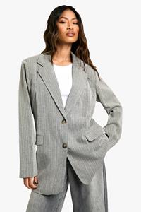 Boohoo Premium Baggy Long Line Blazer Met Textuur En Krijtstrepen, Grey Marl