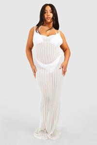 Boohoo Plus Gehaakte Gebreide Ladder Maxi Jurk Met Waterval Hals, Ivory