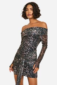 Boohoo Tall Gedraaide Mesh Luipaardprint Mini Jurk Met Uitgesneden Hals, Animal