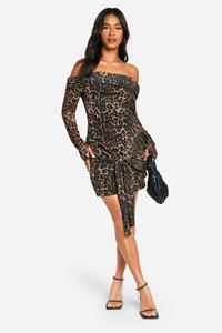 Boohoo Petite Gedraaide Mesh Luipaardprint Maxi Jurk Met Uitgesneden Hals, Animal