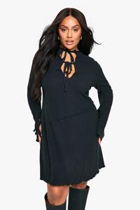 Boohoo Plus Geribbelde Sleutelgat Skater Jurk Met Strik, Black