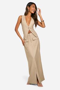 Boohoo Geweven Maxi Rok Met Zak Detail, Stone