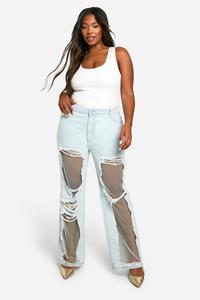 Boohoo Plus Mesh Jeans Met Steentjes En Rechte Pijpen, Light Blue