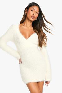 Boohoo Pluizige Gebreide Mini Wikkeljurk, Cream