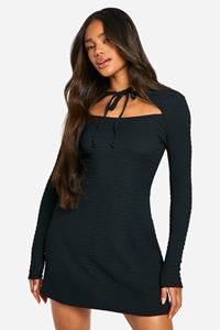 Boohoo Skater Jurk Met Textuur En Strik, Black