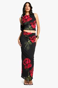 Boohoo Mesh Rozenprint Maxi Rok, Black