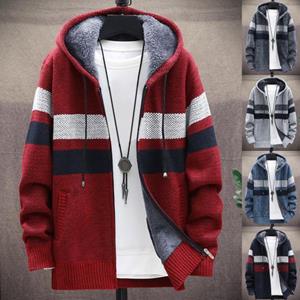 Jiawei Herfst Winter Heren Lange Mouw Gebreide Capuchon Vest Rits Pluche Kleur Blok Jas 3XL donkergrijze kleur