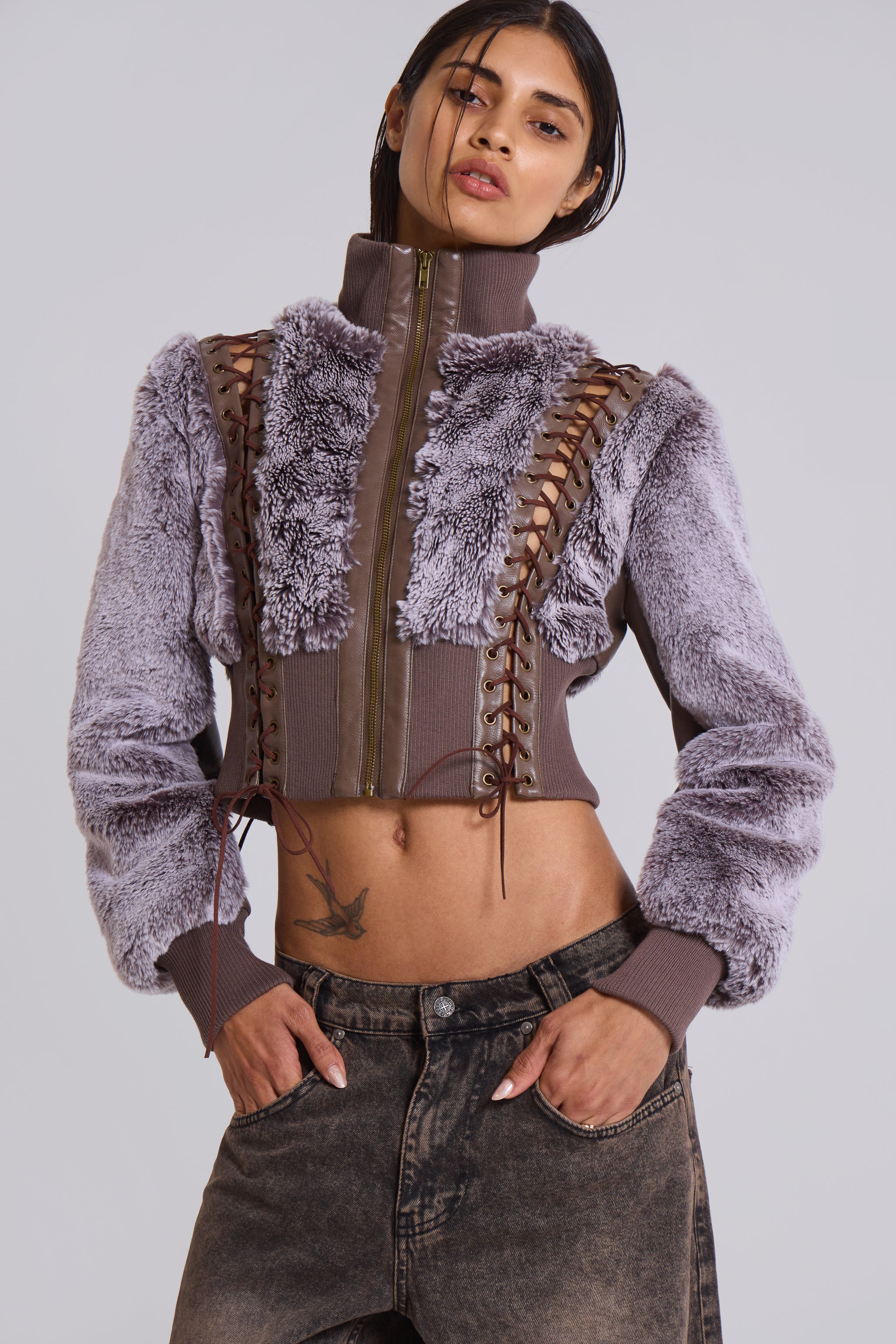 Jaded London Carlotta Faux Fur Lace Up Jacket