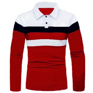 HerSight Heren Herfst Lange Mouw Drie Strepen Patchwork Polo Shirt Heren Revers Knoop Rood Zwart T-shirts S
