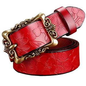 Ouyaohong Mode brede lederen riemen voor dames Vintage bloemen gesp Damesriem Hoge kwaliteit tweede laag koeienhuid jeansriem zwart
