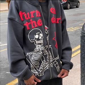 Fashion bag01 Y2k Anime Print Hoodies Mannen Zip Up Lange Mouw Streetwear Sweatshirts Jassen Brief Losse Grunge Gothic Oversized Jassen met Capuchon M grijs