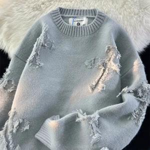 NEOLOVELY Autumnand Y2k Streetwear Heren Retro Gaten Fringed Trui Losse Veelzijdige Trui voor Mannen en Vrouwen Lange Mouw Trui M