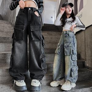 HAOAXIN Trendy en coole straatmeisjesbroeken, streetdance-denimwerkbroeken voor kinderen, prestatiekleding, nieuwe jeans voor grote kinderen 120 blauw