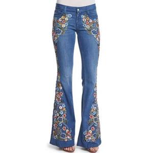 91530103MAC32JTX96 Europese en Amerikaanse damesjeans Geborduurde slim-fit gewassen uitlopende jeans XXXXL lichtblauwe kleur