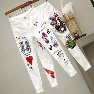 Smile Vrouwelijke Hip Hop Street Style Witte Jeans Lente Herfst en Zomer Strakke afdrukken Slanke Hoge Taille Denim Broek Casual Broek 26 wit