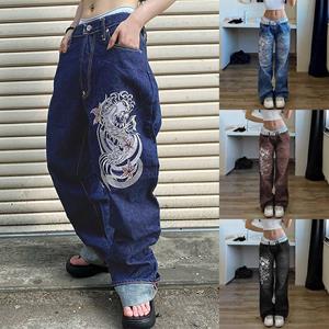 YA84EQ Damesmode straatgeplooide, versleten bedrukte losse broekjeans M blauw