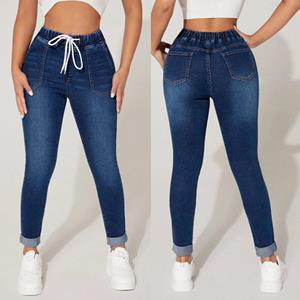 Fahion Jeans Denim jeans met trekkoord in de taille voor dames Hoge taille Stretch potloodbroek pantalones de mujer S blauw
