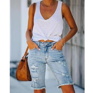 Chic Pouch Mid-rise gescheurde jeans voor dames, casual jeans met rits, kniehoge High Street Wear-denimshorts XXL blauw