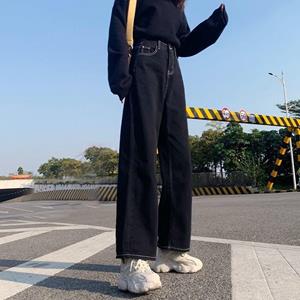 PJ78HG Jeans Dames All-match Koreaanse stijl Dweilbroek Denim Vintage Zwart Effen Hoge Taille Herfst Baggy Chic Street Casual L zwart