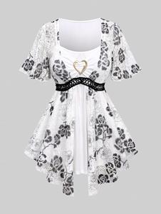 Rosegal outlets Rosegal Plus-maat bloemenprint Kant uitgehold hart Gesp Ruches 2 in 1 top XL wit