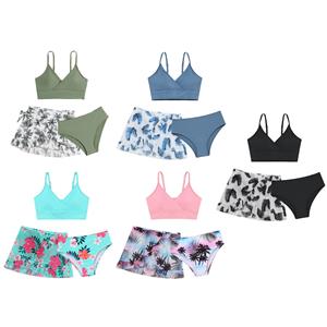 IEFiEL Meisjes badpakken 3-delig gewatteerd bikini badpak met omslagrok Bloemenprint strand surf tankini badmode 8-9 Years groen