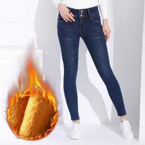Kaihena Damesjeans met hoge taille Fluweel Mom Stretch Vintage Jeans Warm Dames Plus Size Hoge taille Denim 25 marineblauwe kleur
