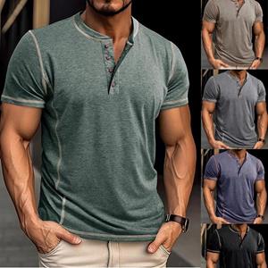 Phoca largha Ademend casual heren T-shirt met korte mouwen Henley-knoop, lichtgewicht zacht katoen, comfortabele pasvorm, losse werkvakantie-truitop S grijze kleur