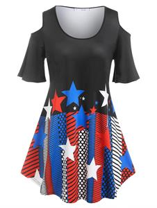 Rosegal outlets Rosegal Plus Size T-shirt met open schouder en geometrische print XL blauw/zwart