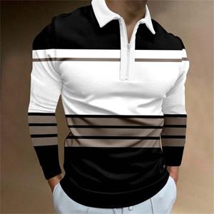 3D Custom Clothing Poloshirts Heren Lange Mouw Mode Witte Strepen Print Nieuw Heren Poloshirt Lange Mouw Rits T-shirt Top XS wit