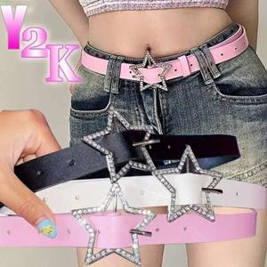 Paiaowang Veelzijdige leren riem met strass-pentagramspeld en gesp, dunne tailleband voor vrouwen en meisjes zwart