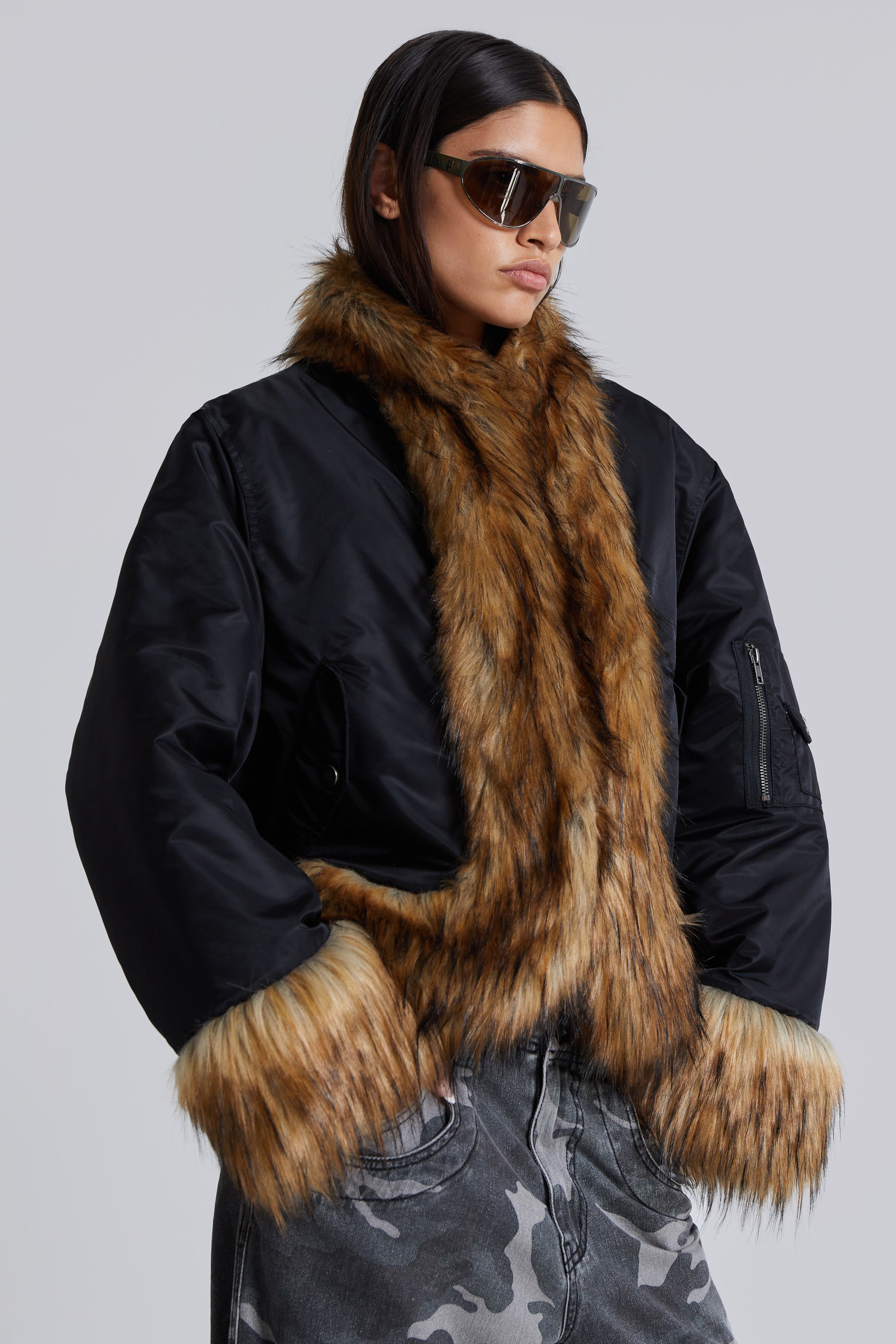 Jaded London Evren Faux Fur Bomber Jacket in Black