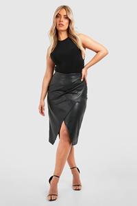 Boohoo Plus Geplooide Nepleren Midi Wikkel Rok, Black