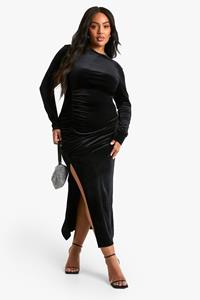 Boohoo Plus Geplooide Fluwelen Midi Jurk, Black