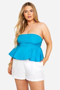 Boohoo Plus Gesmokte Katoenen Poplin Top Met Rug Strik En Rug Strik, Blue