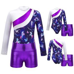 Fldy Kinderen Meisjes Kleurblok Gedrukt Gymnastiek Dans Outfit Turnpakje Jumpsuit met lange mouwen en shorts 7-8 Years paars