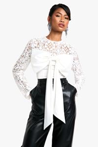 Boohoo Kanten En Satijnen Crop Top Met Strik, Ivory