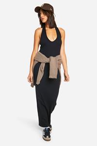 Boohoo Basic Geribbelde Maxi Jurk Met Laag Decolleté, Black