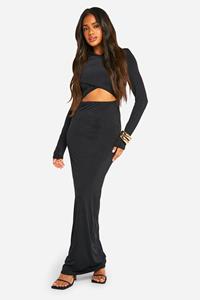 Boohoo Strakke Gekruiste Maxi Jurk Met Schouderpads En Uitsnijding, Black