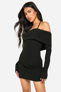 Boohoo Brede Geribbelde Mini Jurk Met Uitgesneden Hals En Strik, Black